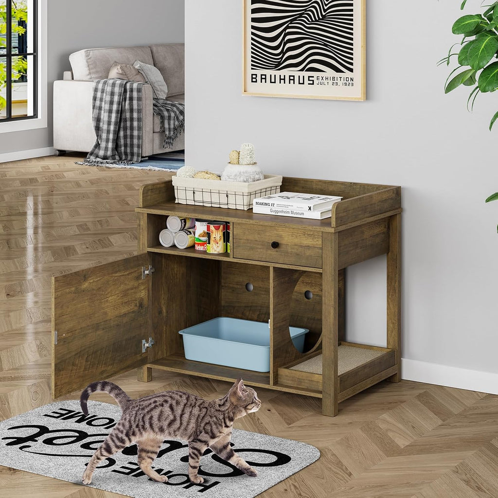 Wooden Cat Litter Box Enclosure with Shelves and Drawer G29596