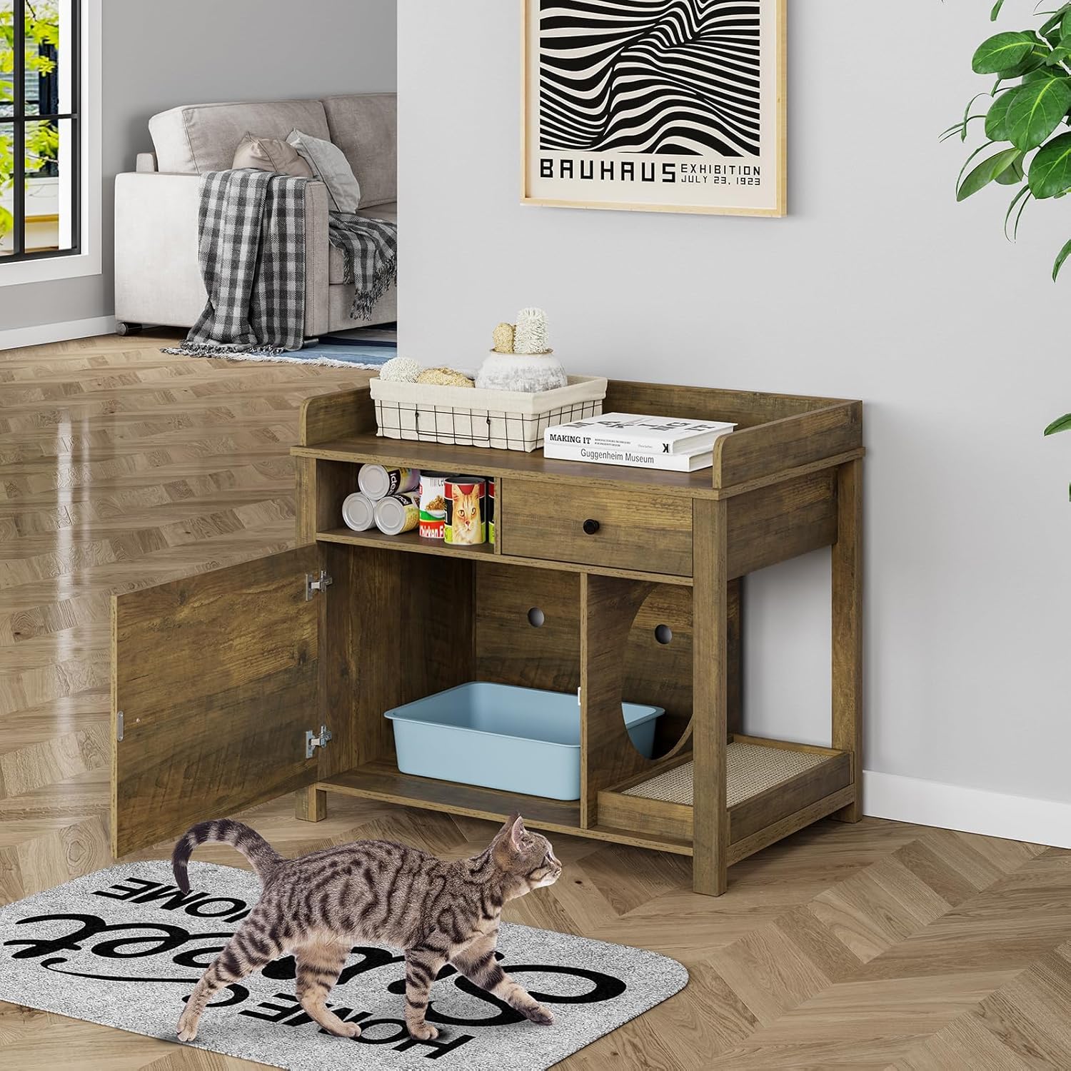 Wooden Cat Litter Box Enclosure with Shelves and Drawer G29596