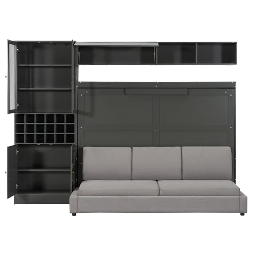 MERITLINE Queen Murphy Bed with Couch and Storage Shelves, LED Light, White J578