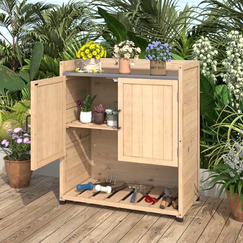 AECOJOY Outdoor Storage Cabinet Potting Bench Table with Adjustable Shelf, Grey N11766
