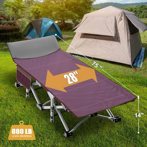 ABORON Folding Camping Cot with Mat for Adults, Heavy Duty Outdoor Bed with Carry Bag C211720