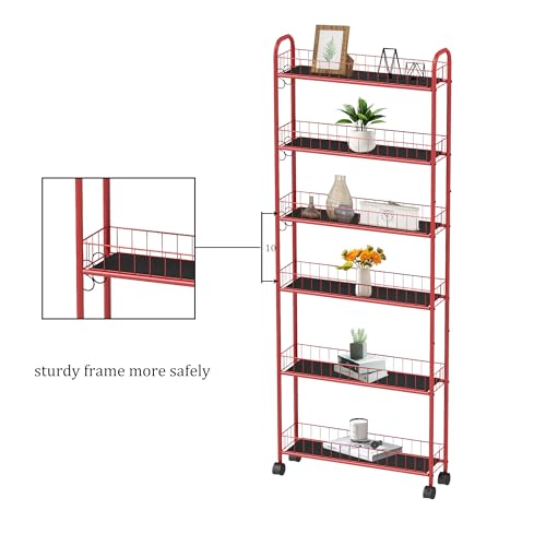 6-Tier Wire Storage Cart with Wheels for Small Spaces, Red Q62999