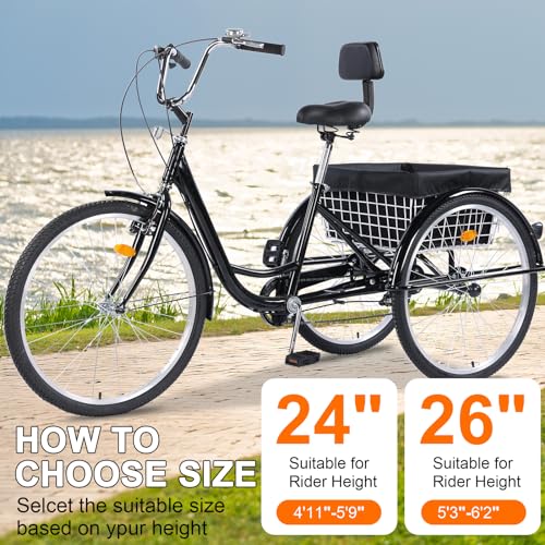 Adult Tricycle 26 Inch 7 Speed 3 Wheel Bike with Basket for Seniors K5388