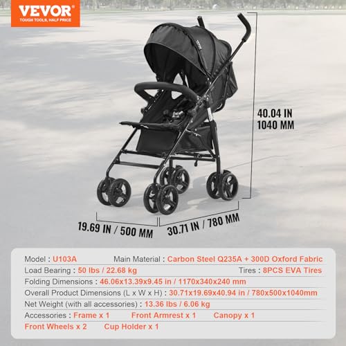 VEVOR Lightweight Compact Fold Stroller for Travel, Light Gray/Black U711138