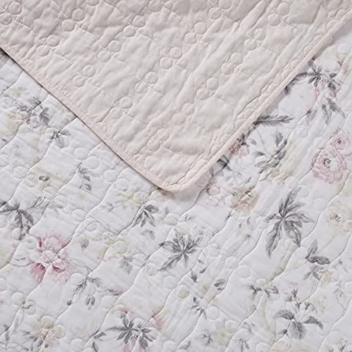 Laura Ashley King Quilt Set, Reversible Cotton Bedding with Shams, Floral Pink/Grey C4868