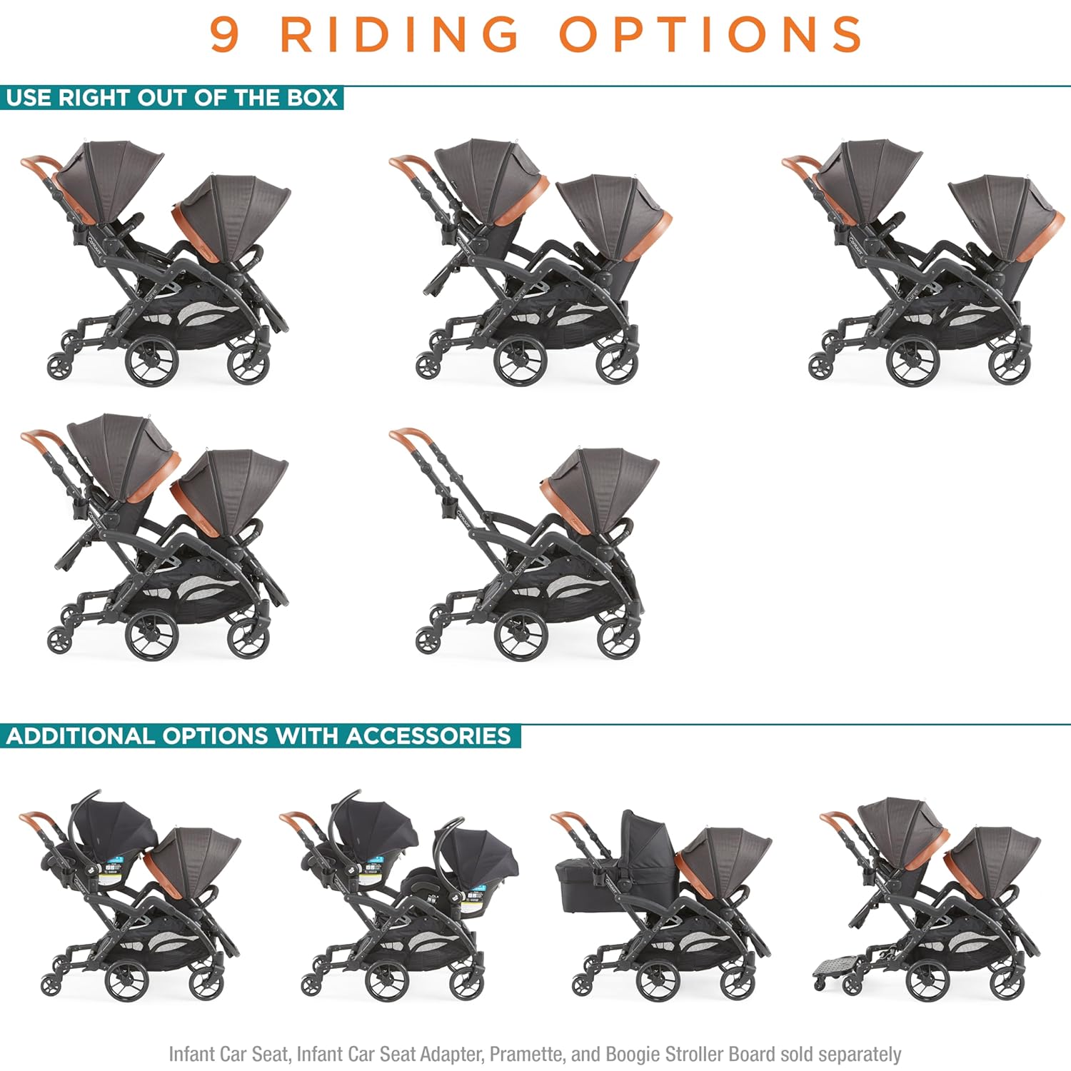 Contours Curve V2 Convertible Tandem Double Stroller with Elite V2 Parent Organizer - Black Herringbone P85885