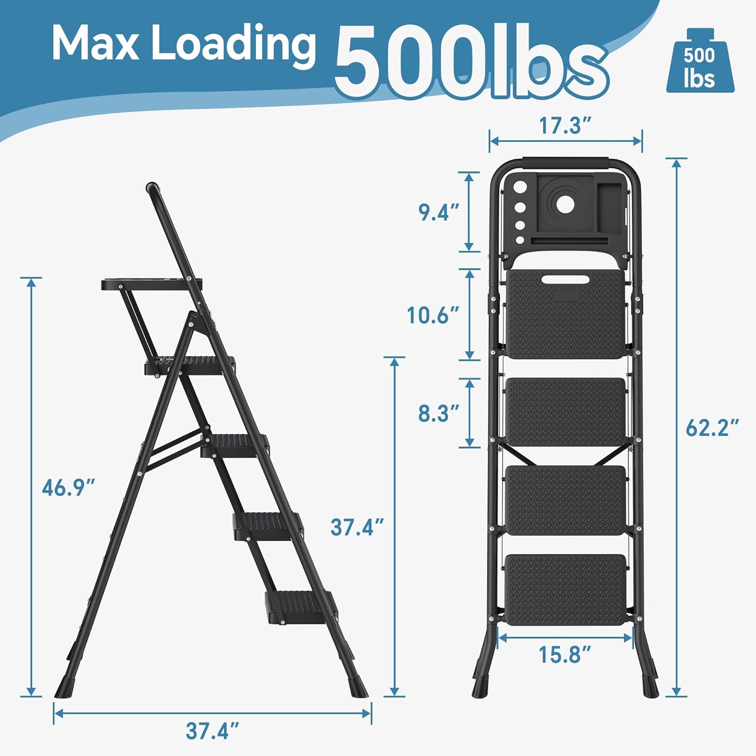 4 Step Ladder with Tool Platform, Folding Anti-Slip Steel Step Stool for Adults E949021