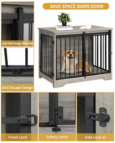 Dog Crate Furniture with Barn Door for Small Medium Dogs, Rustic Brown P911