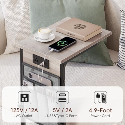 Vagusicc C Shaped End Table with Charging Station, Adjustable Height, Brown C747005