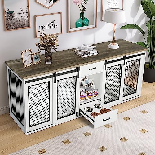 Extra Large Dog Crate Furniture 85" Sliding Door Double Kennel for 2 Large Dogs, White N35378
