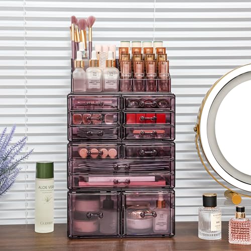 Cq Acrylic Makeup Organizer Large Clear Cosmetic Storage Box with 11 Drawers, Set of 4 Y4364