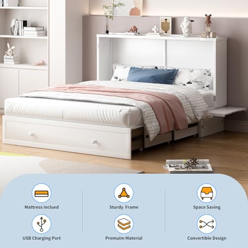 PUREMIND Murphy Bed Cabinet with Mattress, Queen Wallbed with 2 Storage Drawers and USB Charging G406357