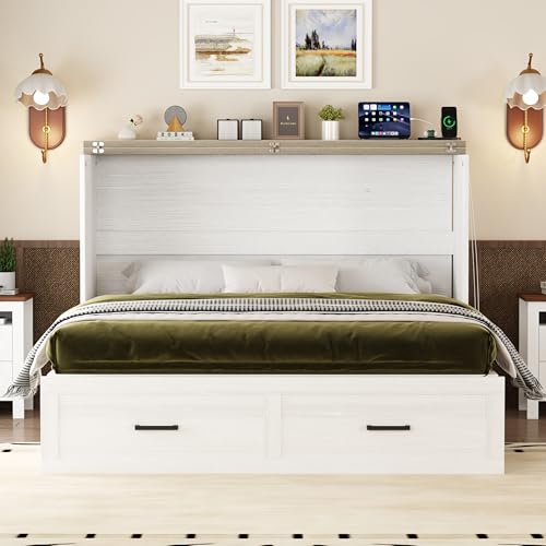 Murphy Cabinet Bed Frame with Charging Station, Full-Size Foldable Wall Bed Z526