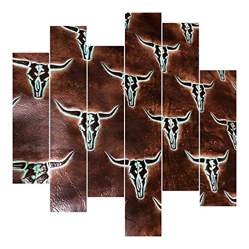 Leather Sheets, Embossed Leather Cattle Skulls Brown Turquoise, Custom Cuts for Bags, Wallets, Earrings, Upholstery (12x24 inch)