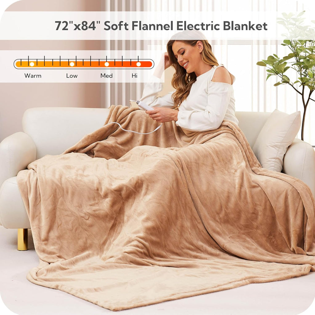 Heated Electric Blanket Full Size Flannel with 4 Heating Levels, Light Brown A285318