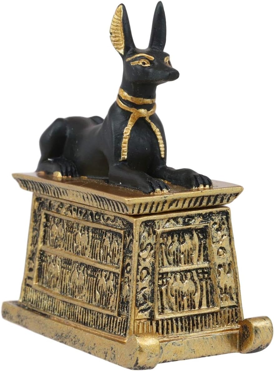 Ebros Egyptian Anubis Hieroglyphic Cartouche Box Figurine Black and Gold Finish F567