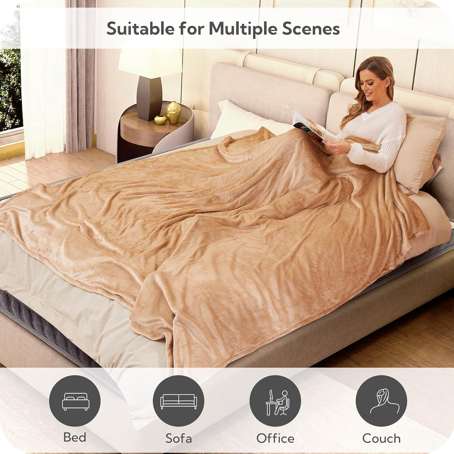 Heated Electric Blanket Full Size Flannel with 4 Heating Levels, Light Brown A285318