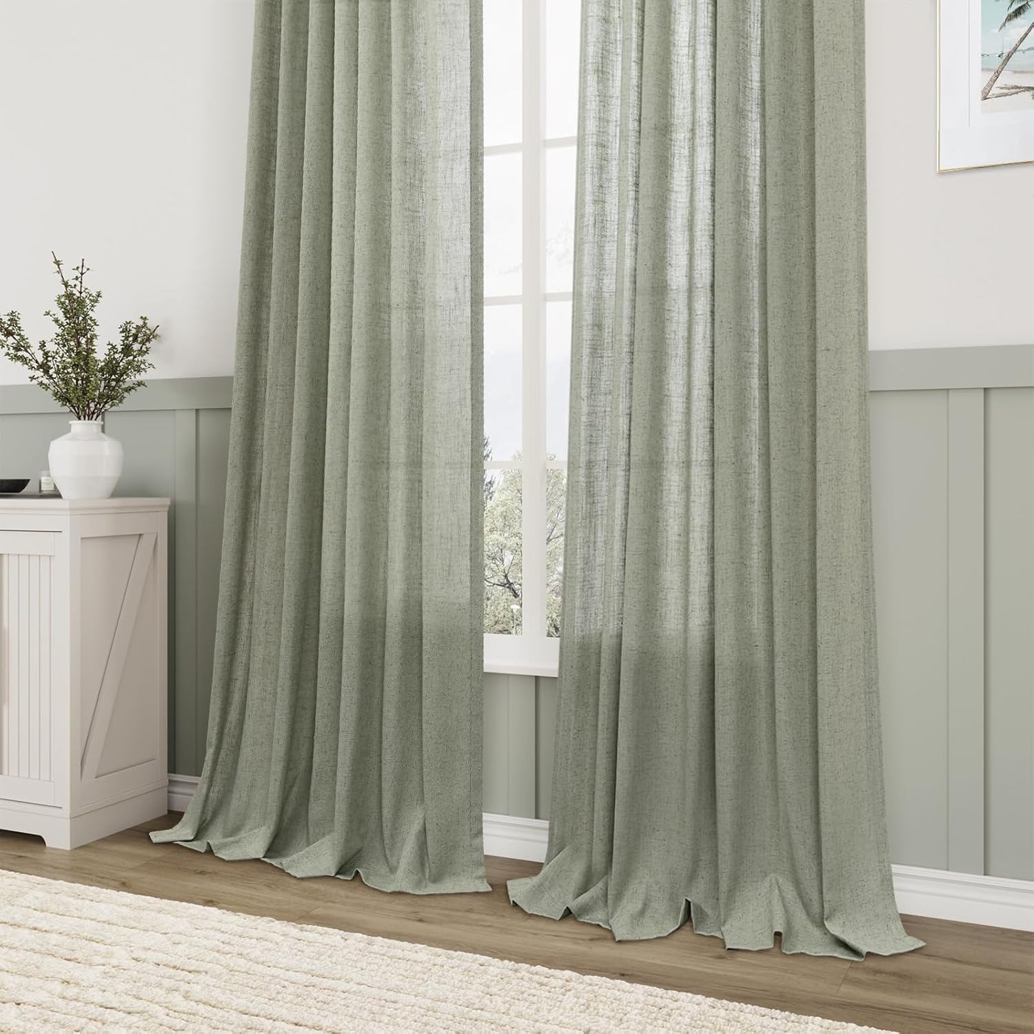 Sage Green Semi Sheer Linen Curtains 84 Inch Length 2 Panels Set D855