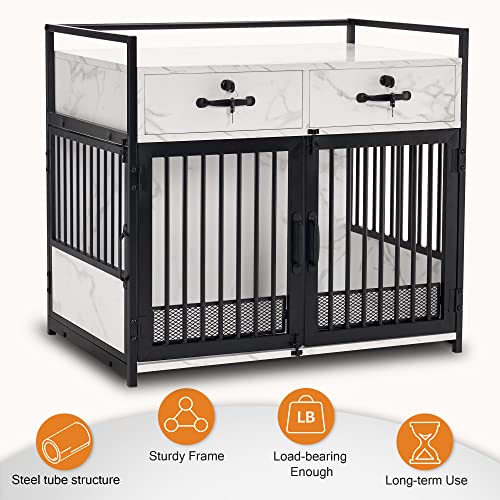 MCombo Furniture Style Dog Crate End Table with Storage Drawers, White D561