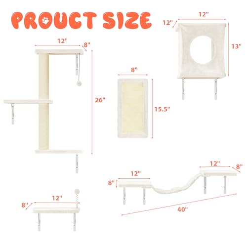 NUNU LAB Wall Mounted Cat Furniture, 7 Pcs Cat Wall Shelves with House, Gray T582052
