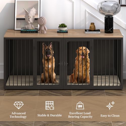 Large Dog Crate Furniture for 2 Dogs, All Steel Frame with Wooden Top (White) M394533
