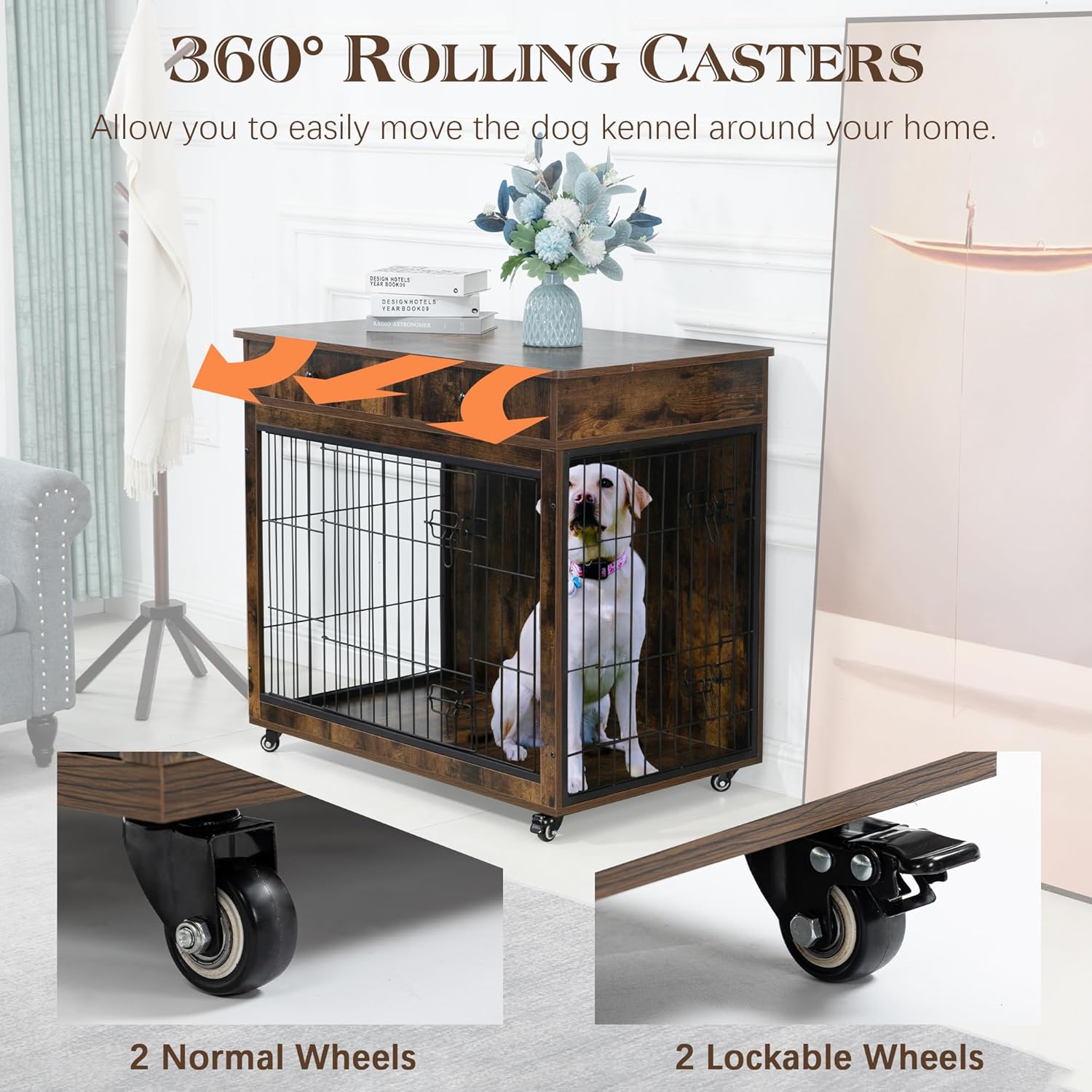 Yehha Cabinet Crate Furniture with Storage Drawer and Wheels, Wooden Dog Kennel, Brown D49834