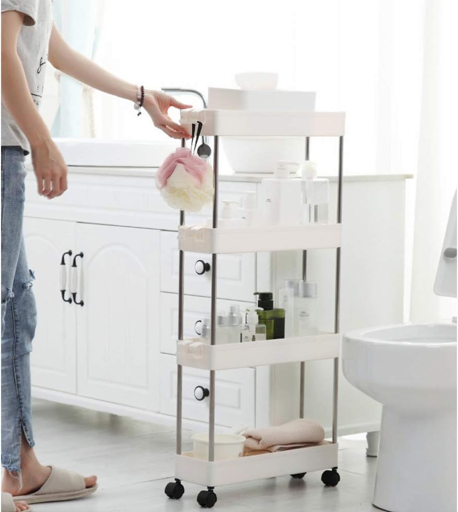 4 Tier Narrow Sliding Storage Organizer Rack Rolling Cart White L318