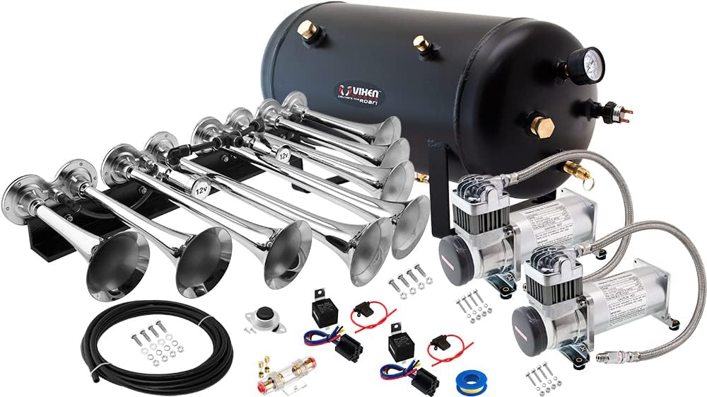 Vixen Horns Octopod Train Horn Kit for Trucks/Car/Semi.Complete Onboard System-Dual 200psi Air Compressor,5 Gallon Tank,8 Trumpets.Super Loud dB.Fits Vehicles Like Pickup/Jeep/RV 12v VXO8350DP/8124XC