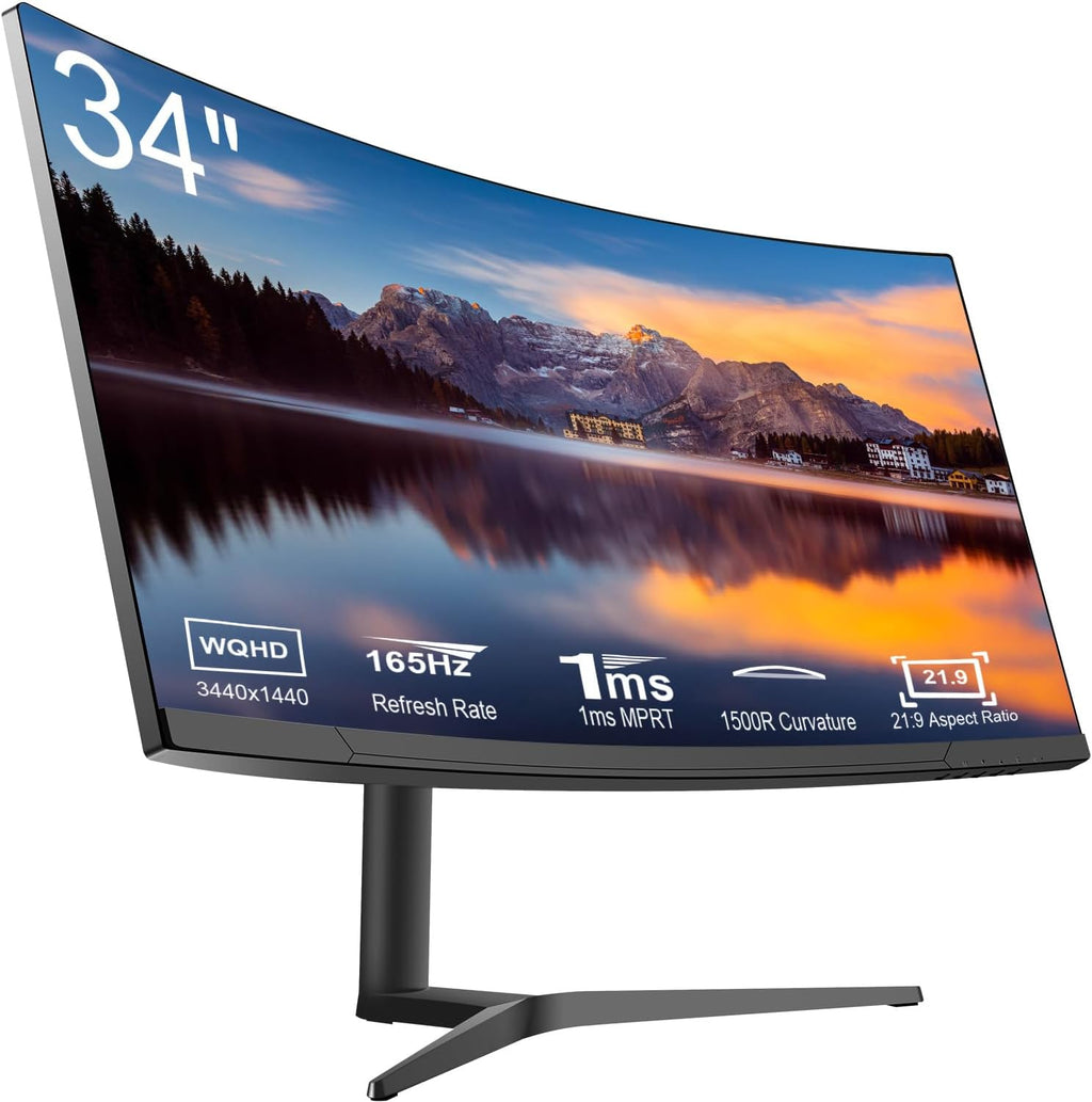 34" Curved WQHD 3440×1440 Gaming Monitor 165Hz, 1ms, 1500R, HDR 10, 100% sRGB PC Screen, AMD Free-Sync Premium/G-Sync Compatible, 2 x DispalyPort 1.4 & HDMI 2.0, Height/Tilt Adjustable Stand, Black