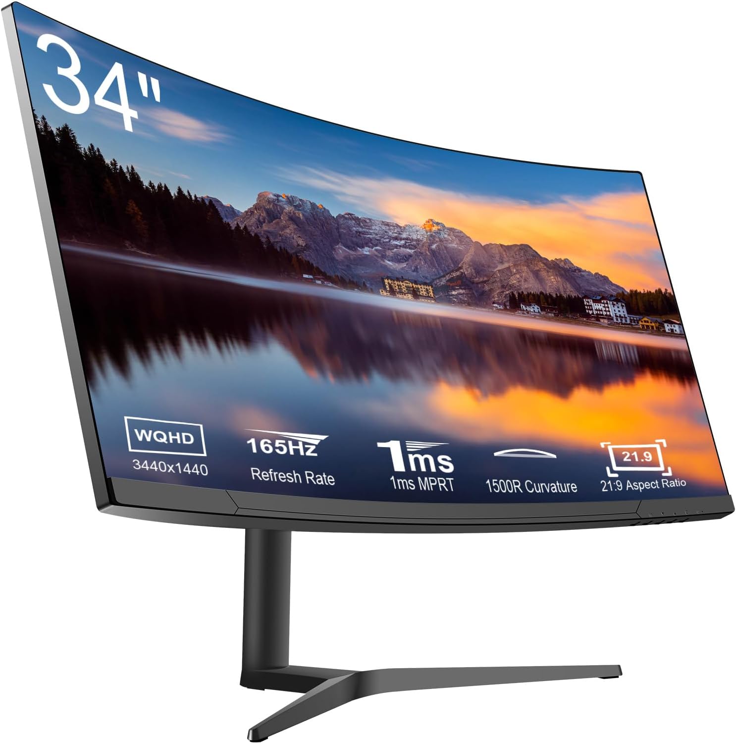 34" Curved WQHD 3440×1440 Gaming Monitor 165Hz, 1ms, 1500R, HDR 10, 100% sRGB PC Screen, AMD Free-Sync Premium/G-Sync Compatible, 2 x DispalyPort 1.4 & HDMI 2.0, Height/Tilt Adjustable Stand, Black
