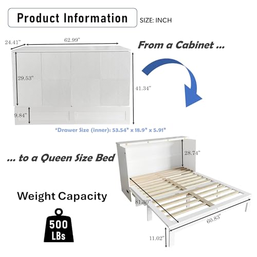 Queen Size Murphy Bed with Desk & Charging Station, White K505073