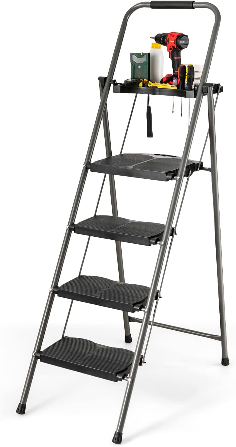 Hysache 4 Step Folding Ladder, Portable Ladder W/ Handrail, Wide Pedal, Anti-Slip Feet, Tool Platform, Sturdy for Household, Black (HS-TL35590)