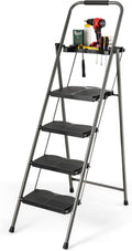 Hysache 4 Step Folding Ladder, Portable Ladder W/ Handrail, Wide Pedal, Anti-Slip Feet, Tool Platform, Sturdy for Household, Black (HS-TL35590)