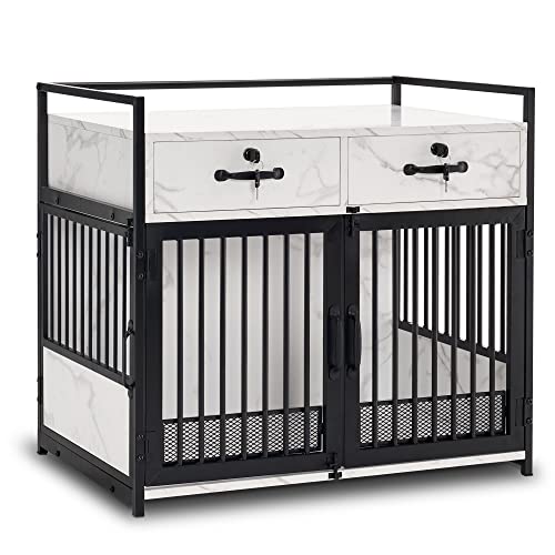 MCombo Furniture Style Dog Crate, Wooden Dog Crate End Table, Double Doors Dog Kennel with Storage Drawers, 0649 (White)