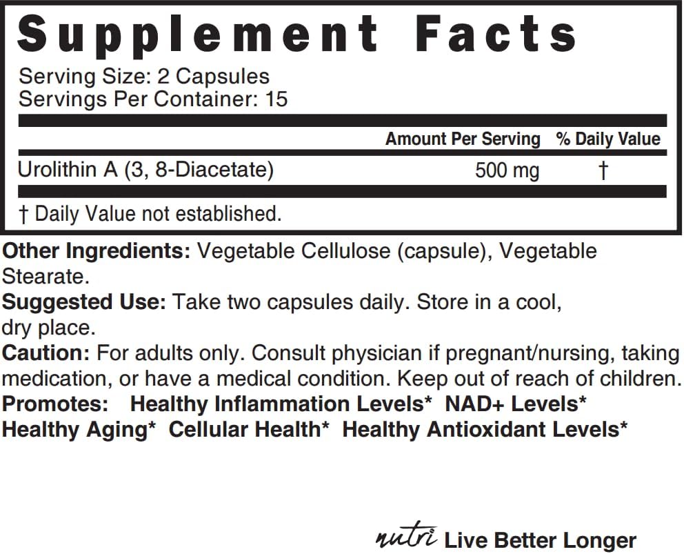 Nutri Urolithin A Supplement 500mg - Powerful NAD+ Boost, Antioxidant, Cell Repair - 3rd Party Tested - 500 mg Urolithin A - 30 Vegan Capsules 2 Week+ Supply - More Effective Pomegranate Supplement