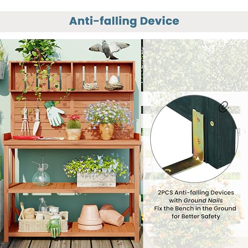 Outdoor Wooden Potting Bench Table with Drawers and Storage Shelves C672480