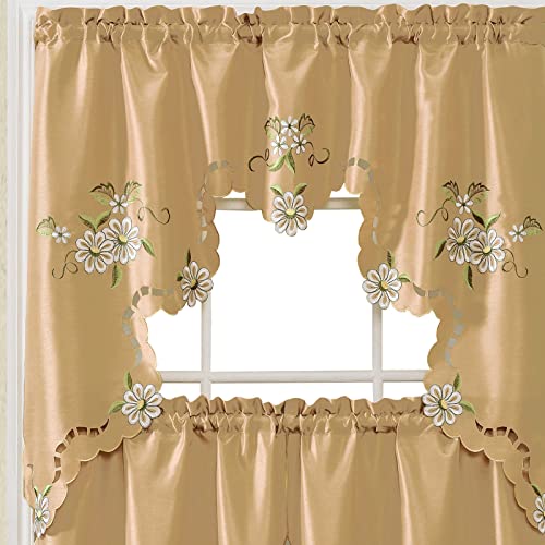 GOHD Cutwork Floral. Kitchen Curtain Set. Swag Valance and Tier Set. Nice Embroidery on Faux Silk Fabric with cutworks. (Bronze)