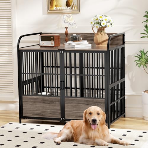 86 in Double Dog Crate Furniture with Divider, Heavy Duty Wooden Kennel for Large Dogs, Brown P52672