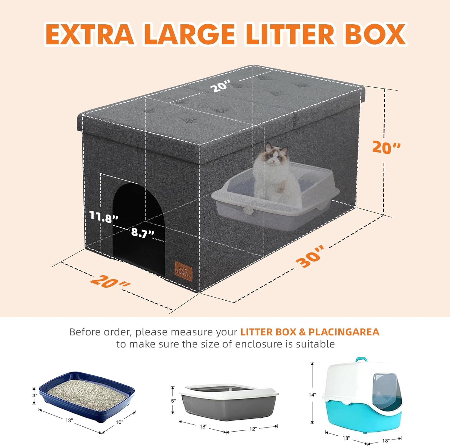 Cat Litter Box Enclosure Furniture Ottoman with Flip-Up Lid, Gray U8917