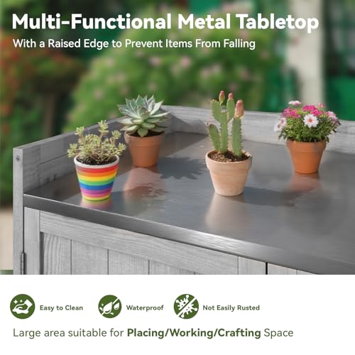 AECOJOY Outdoor Storage Cabinet Potting Bench Table with Adjustable Shelf, Grey N11766