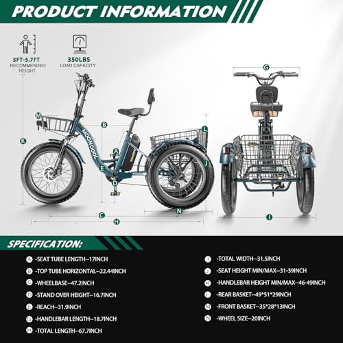 DoCred Electric Tricycle for Adults, 20" x 4" Fat Tire, 500W Motor, Removable Battery P6573