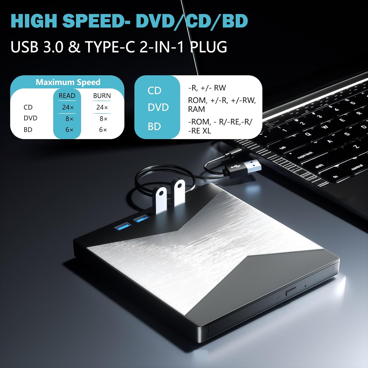 External Blu Ray Drive 4K Portable USB 3.0 Type-C Burner for Laptop X793431