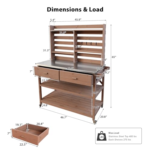 Outdoor Wooden Potting Bench Table with Drawers and Storage Shelves C672480