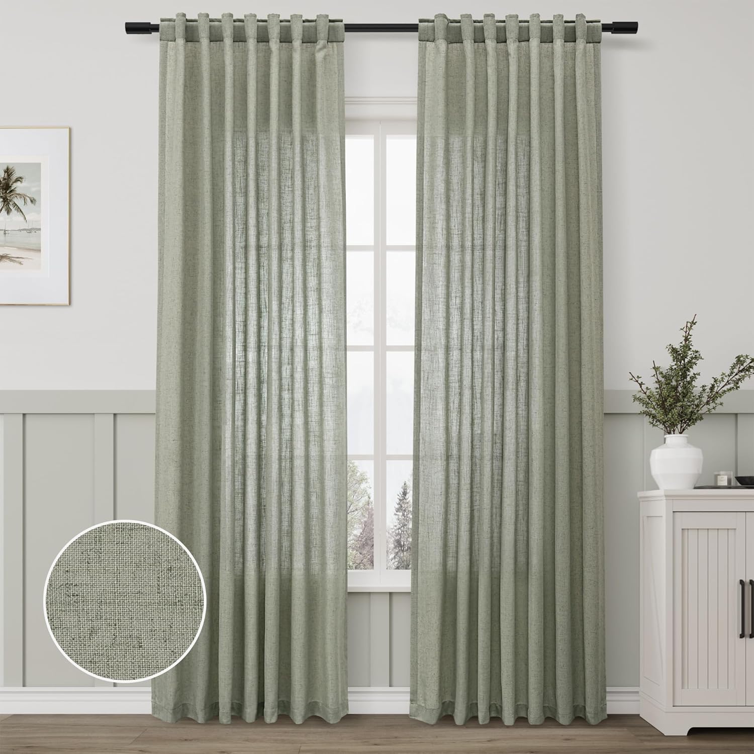 Sage Green Semi Sheer Linen Curtains 84 Inch Length 2 Panels Set Back Pocket Living Room Window Treatments Curtains Boho Farmhouse Light Green Curtains for Nursery Bedroom Closet Door 52x84
