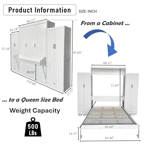 Queen Size Murphy Bed with Desk & Charging Station, White K505073