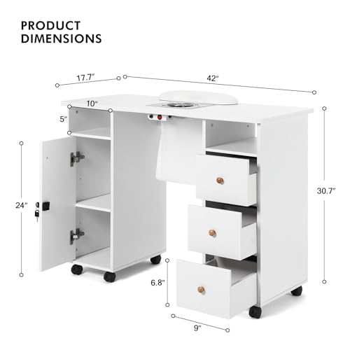 Artist Hand Manicure Table with Lockable Wheels and Storage Drawers, White Z21580