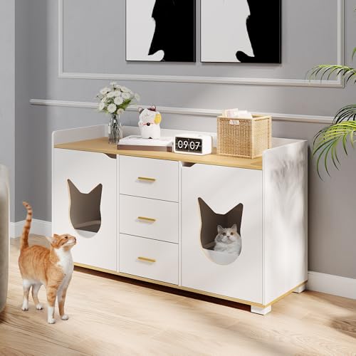 YITAHOME Cat Litter Box Enclosure Double Room with Storage Cabinet, White S11591