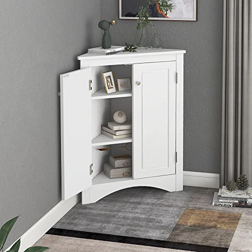 Corner Storage Cabinet, Wood Triangle Bathroom Cabinet with Adjustable Shelves, Grey G100663