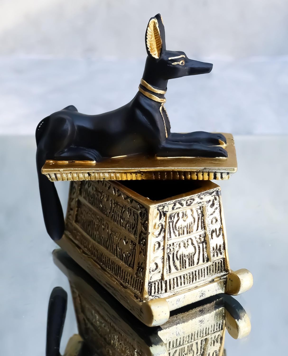 Ebros Egyptian Anubis Hieroglyphic Cartouche Box Figurine Black and Gold Finish F567