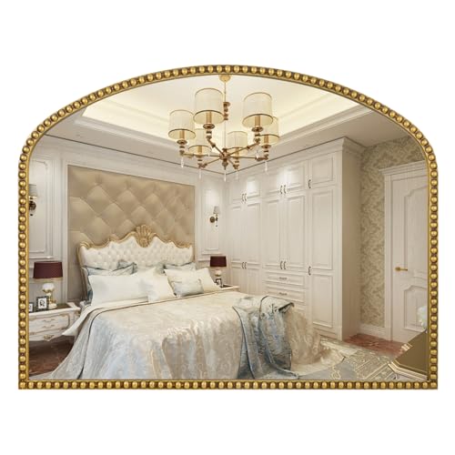 28"x36" Large Arch Wall Mirror, Decorative Beaded Frame Hanging Vanity Mirror for Dresser, Bathroom, Entryway, Bedroom, Mantel, Antique Gold